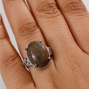 Stamped Venus Jasper Solitaire Ring in Platinum Bond by Karis